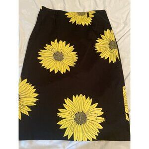City Silk Pencil Skirt Size 10 Black With Bold Yellow Sunflowers Zip Slit Office